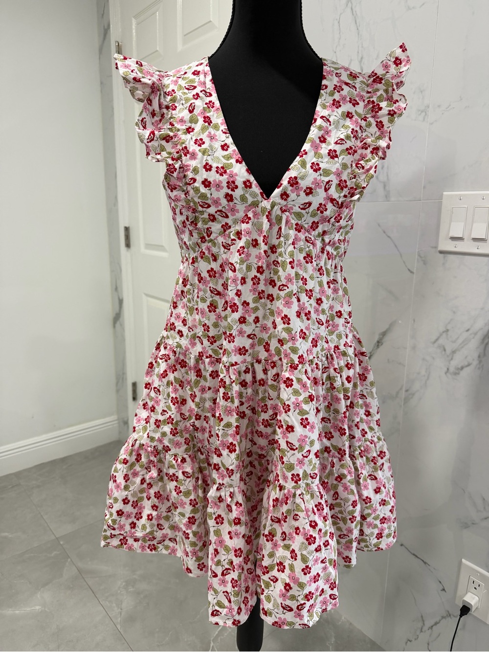 Aqua White Mini Dress with Pink Floral & Green Leaves
